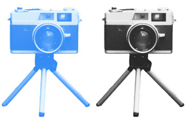close up analog rangefinder camera with mini tripod color halftone dotted texture style collage element