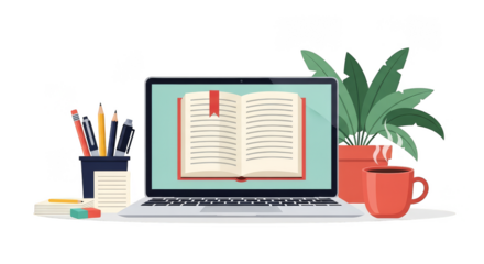 Laptop With Open Book Cozy Workspace