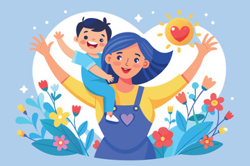 A mother and child are embracing each other with love and happiness illustration