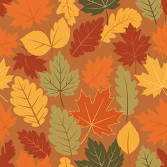 Fototapeta premium A seamless pattern of autumn leaves in various colors including red, orange, yellow, and green, set against a warm brown background.