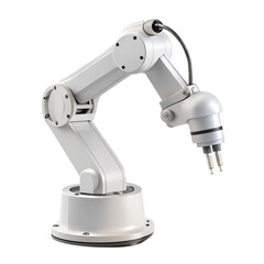 White industrial robot arm with cable isolated on transparent background for automation and technology