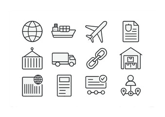 Fototapeta premium Freight Logistics Icons. Outline icon set of international freight logistics: globe icon, cargo ship, airplane