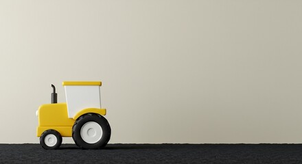 A 3D illustration of a simple yellow toy tractor on dark ground. Minimalist design ideal for kids themes, farming concepts, and agricultural banners with copy space.