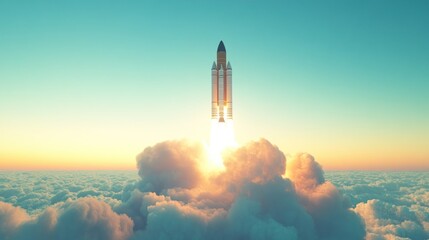 Rocket launching through clouds at sunrise