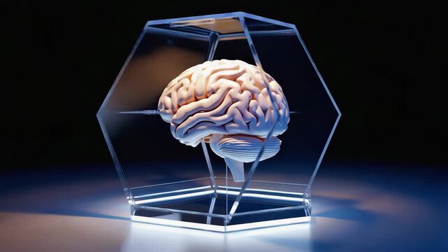 A detailed, photo realistic 3D rendering of a human brain suspended within a transparent, hexagonal protective enclosure. The brain is realistically textured, highlighting its complex structure. 