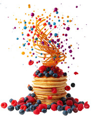 Colorful Pancake Stack with Berries and Sprinkles, Perfect for Breakfast or Dessert on transparent background