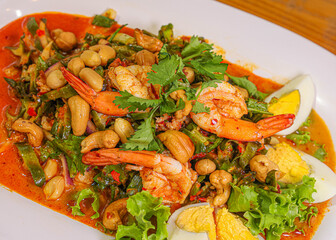 Spicy Shrimp and Cashew Salad with Boiled Egg