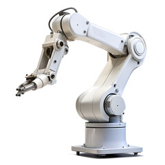 Automated industrial robotic arm for precision manufacturing, isolated on transparent background