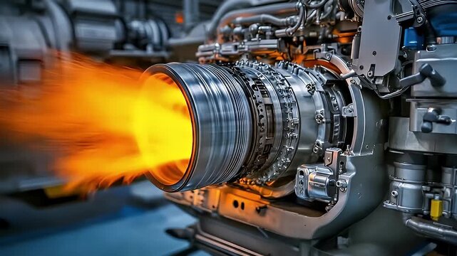 Detailed View of a Turbine Engine with Bright Orange Flames and Metallic Components