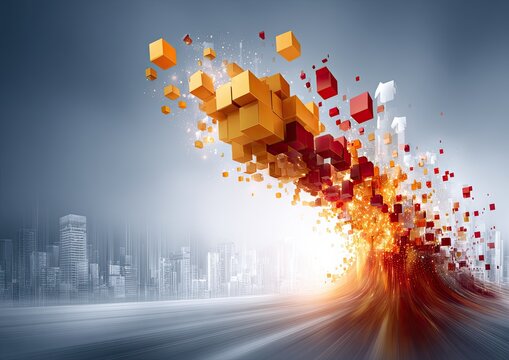Fototapeta Abstract digital cubes exploding,  orange and red, against a blurred city background
