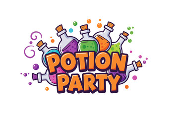 Colorful Potion Party Illustration with Cartoon Bottles and Bubbles
