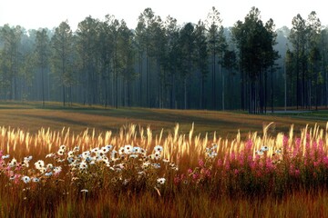 Golden meadow with wildflowers and pine forest