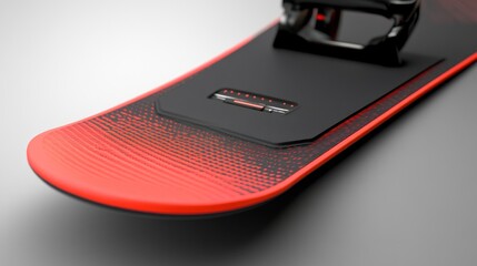 Close-up of a modern snowboard, featuring a vibrant red top sheet and black details