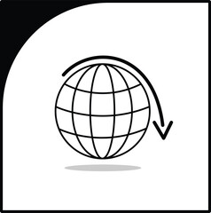 A monochrome vector icon featuring an outlined globe with a rotating arrow and a subtle drop shadow, symbolizing global connectivity and data flow. The graphic is fully scalable and editable.