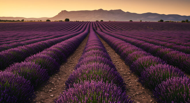 Endless rows of vibrant lavender stretch towards distant mountains in a serene landscape at twilight offering a