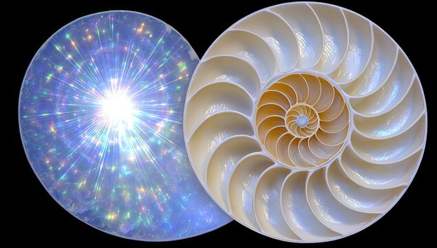 Two halves of a nautilus shell, one iridescent, the other detailed, against a black backdrop