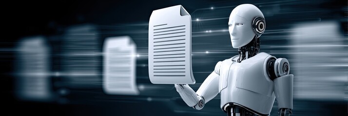 A white robot holds a document, surrounded by blurred document icons and motion blur