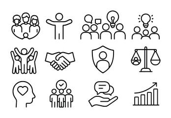 Inclusive Leadership Icons. Outline icon set of inclusive leadership: diversity icon, open arms, equal voice,