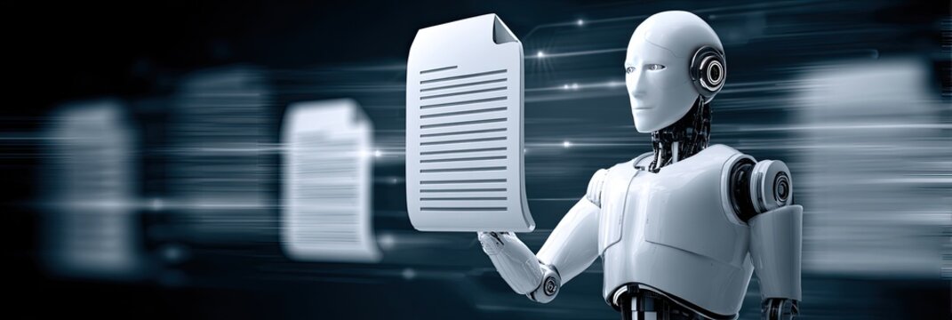 A white robot holds a document, surrounded by blurred document icons and motion blur