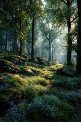 Obraz premium Sunlight filtering through a misty forest. Lush greenery, mossy rocks, and tiny blue flowers carpet the forest floor