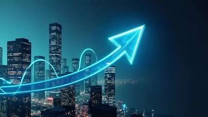 Dynamic blue arrow graph surges upward over illuminated cityscape at night, symbolizing business growth - Powered by Adobe