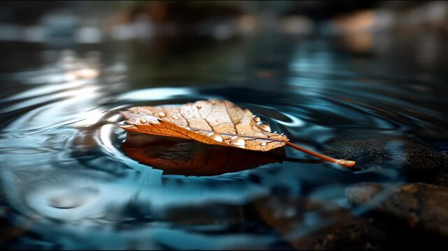 Brown autumn leaf with water droplets floating on calm river surface, creating ripples
