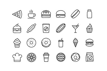 Vector art of collection of delicious food and drink icons, including burgers, coffee, pizza, ice cream, donuts, cupcakes, and more, perfect for menus, websites, and apps, isolated