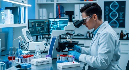 Scientist working with microscope in modern laboratory examining biological samples for research