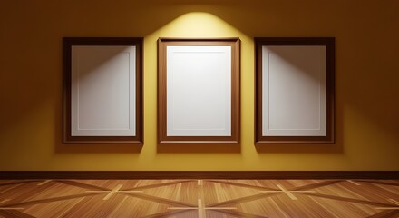 Three Empty Picture Frames on a Yellow Wall with Spotlights and Wooden Floor