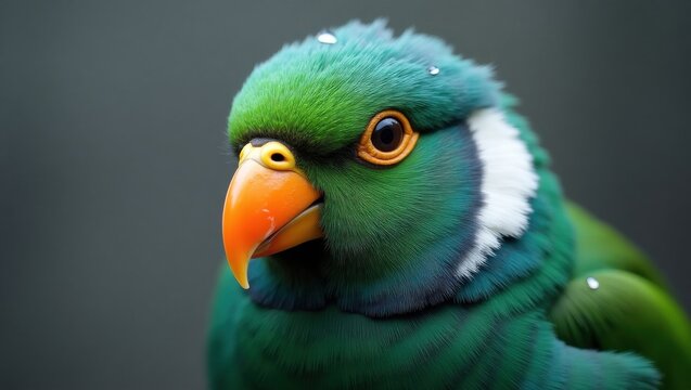 Close up of a vibrant green parrot with orange beak and white eye stripe