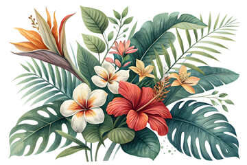 Naklejka premium Watercolor tropical flower and leaf arrangement with hibiscus and plumeria isolated on transparent background.