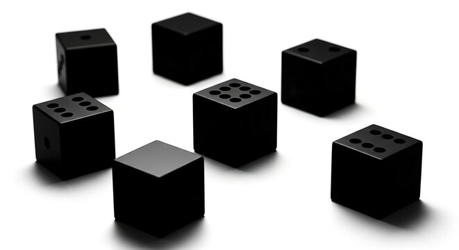 Black Dice Scattered on White Background