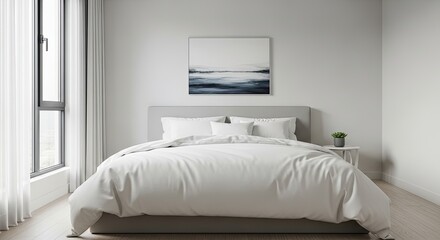 Modern Minimalist Bedroom Interior with Large Bed, Crisp White Linens, and Serene Atmosphere
