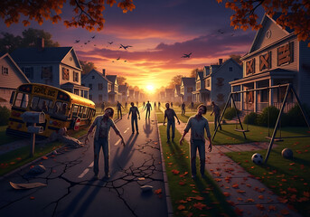 Zombie horde walking down suburban street with abandoned school bus at sunset