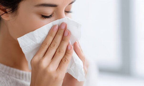 Close-up of a woman blowing her nose with a tissue paper