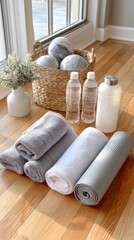 Workout Essentials Flat Lay: Grey Towels, Water Bottles, and Exercise Mat on Hardwood Floor