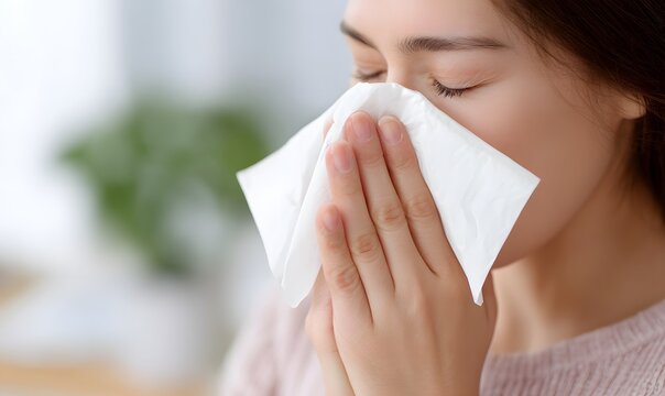 Close-up of a woman blowing her nose with a tissue paper