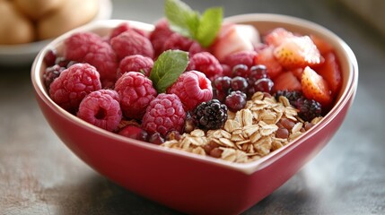 Vibrant photo of a heart-shaped bowl filled with nutritious diet foods, including fresh fruits, vegetables, and whole grains, promoting heart health and cardiovascular wellness, Generative AI