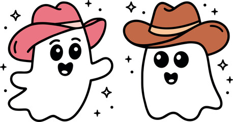 Ghost cowgirl and cowboy hat halloween disco party ghouls partner dancing date doodle outline drawing. Spooky cosmic western theme club music event night out pink preppy groovy aesthetic illustration.
