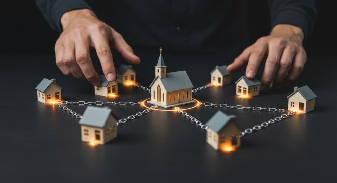 Man connecting miniature house models with a church using metal chains. Community support system concept or religious outreach program.