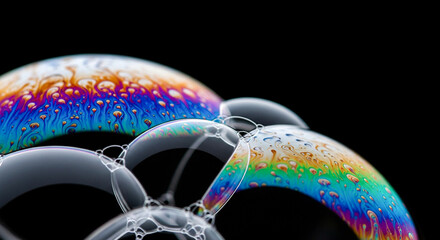 Close-up macro photography reveals the stunning swirling iridescent colors of soap bubbles The delicate spherical forms display vibrant rainbow patterns against a deep black void