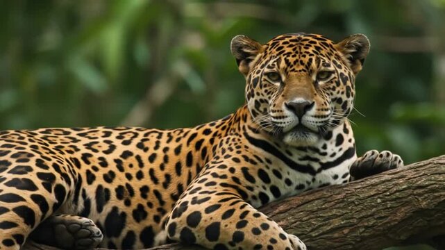 Jaguar resting on a tree branch, a beautiful feline portrait in the amazon rainforest, wildlife