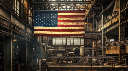 American flag hanging in a large industrial factory with machinery and metal framework visible