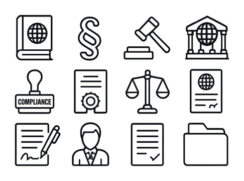 International Trade Law Icons. Outline icon set of international trade law: legal book, paragraph sign, judge