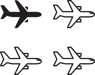 Airplane Icon Set  4 Minimal Vector Aircraft Symbols in Solid and Outline Styles for UI Design, Travel Apps, Aviation Infographics, Web Graphics, and Transport Branding Projects