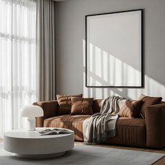 Brown leather sofa with light grey blanket and white lamp on coffee table couch furniture