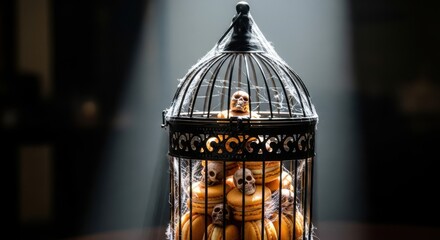Macabre Collection of Skulls in ornate cage with dramatic lighting