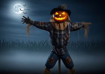 Halloween scarecrow with pumpkin head under full moon