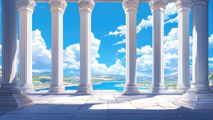 Fototapeta premium White Greek-style columns as a backdrop, with a blue sky, clouds, and a sea view in the background, in an anime style.