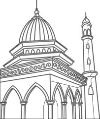Architectural Line Drawing of a Mosque with Dome and Minaret.